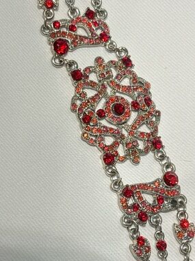 Victorian Style Red Rhinestone Filigree Bracelet Silver Tone size 6.5–7.5”